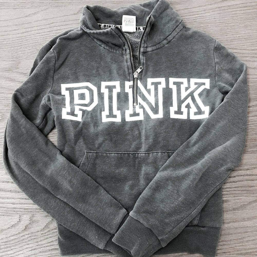 PINK Quarter Zip Gray Logo Pull Over Sweatshirt